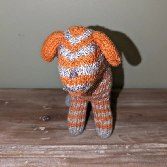 Knit BLA BLA KIDS PUPPY DOG RATTLE Plush Orange Gray Striped - Picture 1 of 6